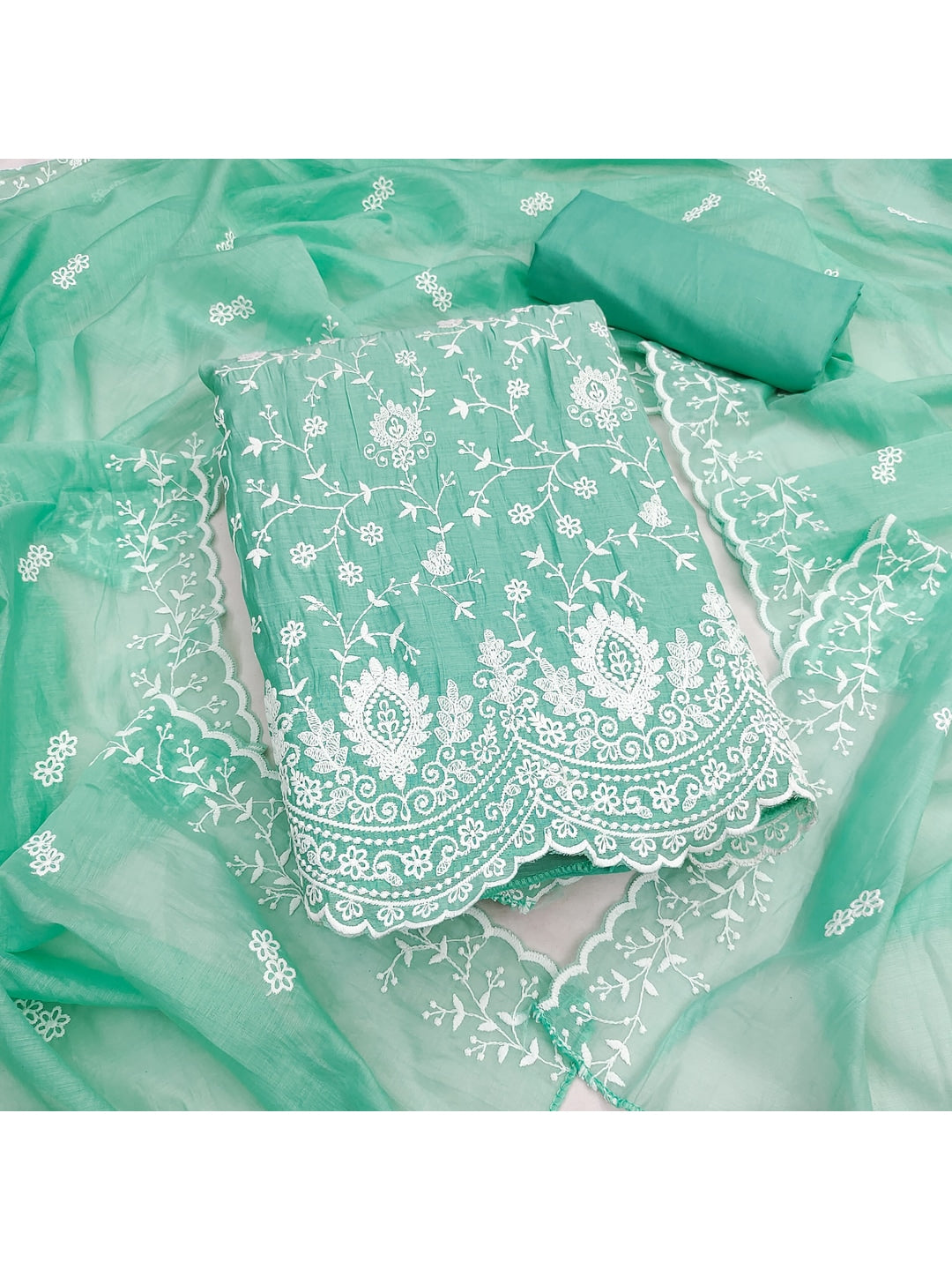 Peachmode Mint Green Chanderi Dress Material with Floral Embroidery - Image 4