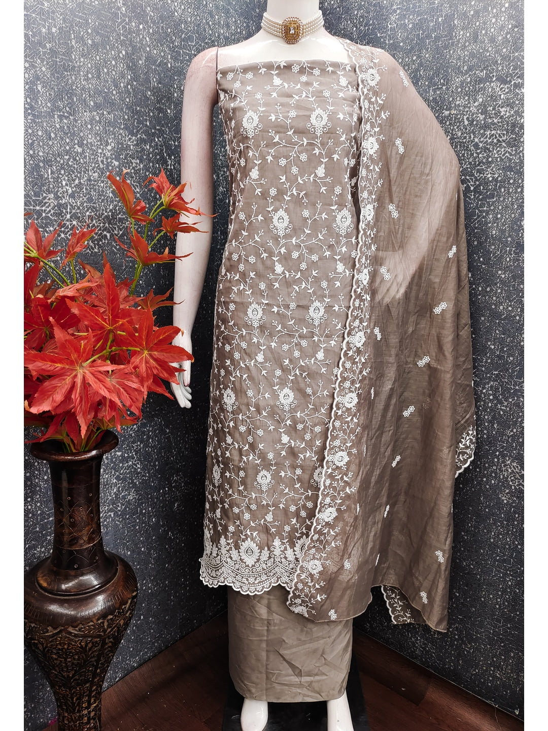 Peachmode Taupe Chanderi Dress Material with Floral Embroidery - Image 2