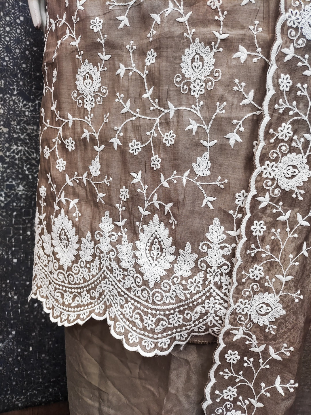 Peachmode Taupe Chanderi Dress Material with Floral Embroidery - Image 3