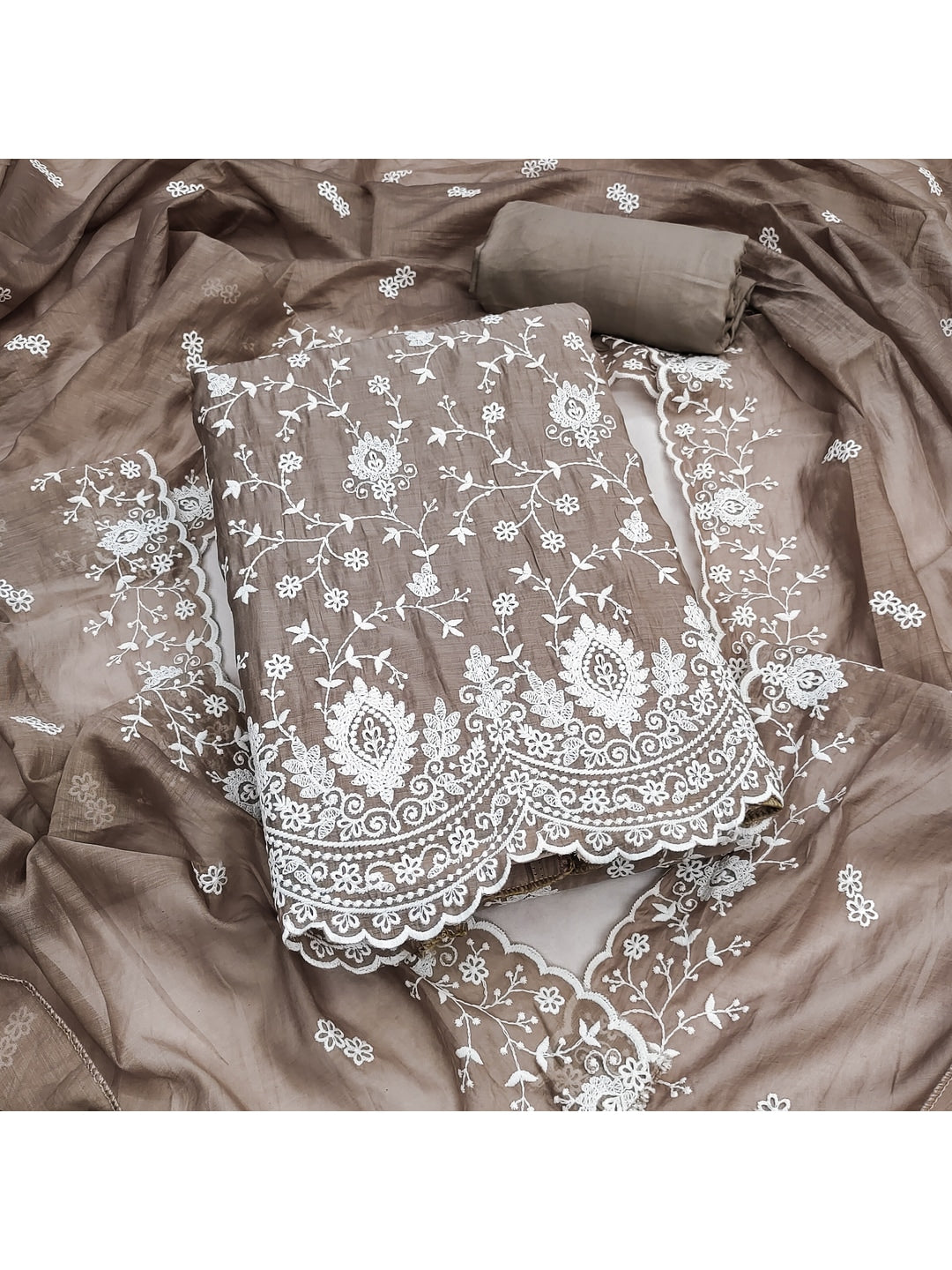 Peachmode Taupe Chanderi Dress Material with Floral Embroidery - Image 4
