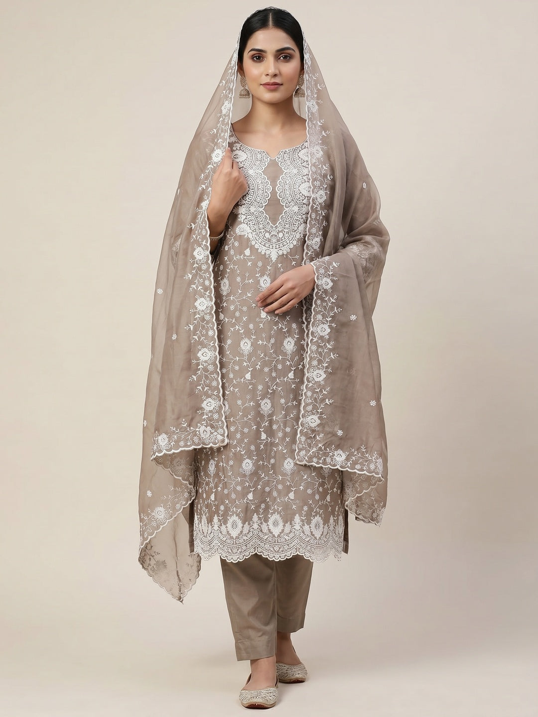 Peachmode Taupe Chanderi Dress Material with Floral Embroidery - Image 2