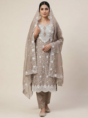 Peachmode Taupe Chanderi Dress Material with Floral Embroidery - Image 1