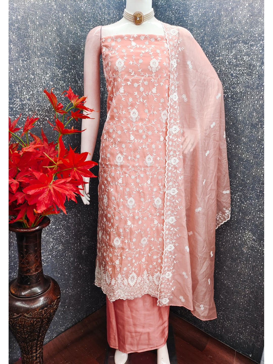 Peachmode Peach Chanderi Dress Material with Floral Embroidery - Image 2