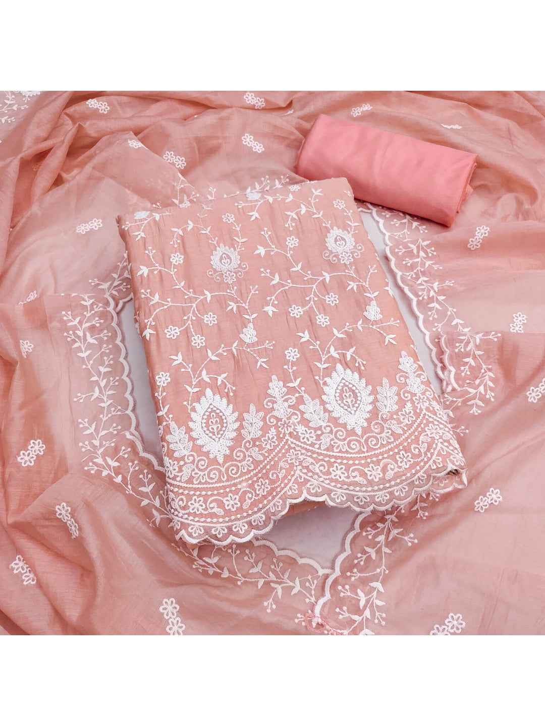Peachmode Peach Chanderi Dress Material with Floral Embroidery - Image 4