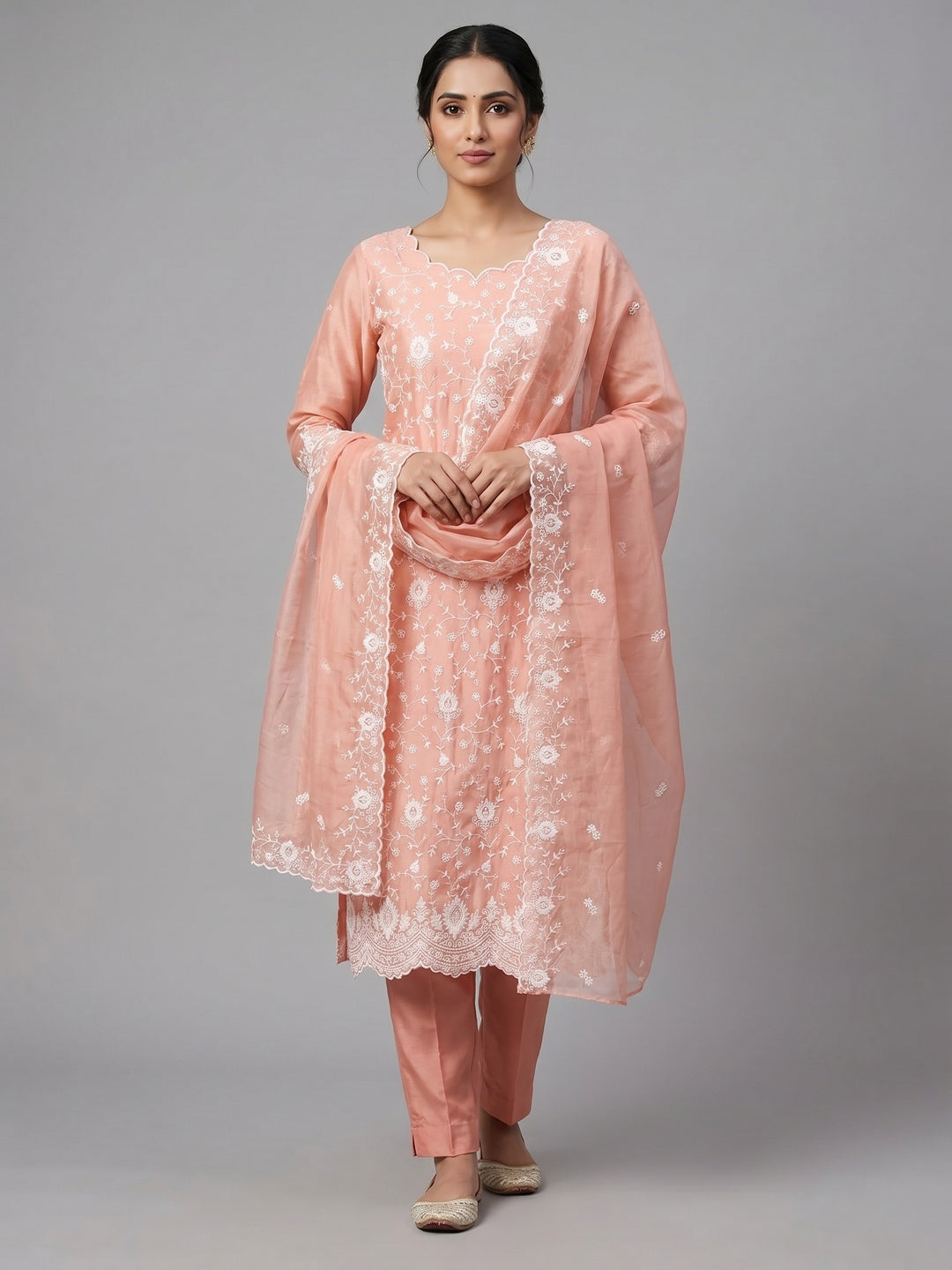 Peachmode Peach Chanderi Dress Material with Floral Embroidery - Image 1