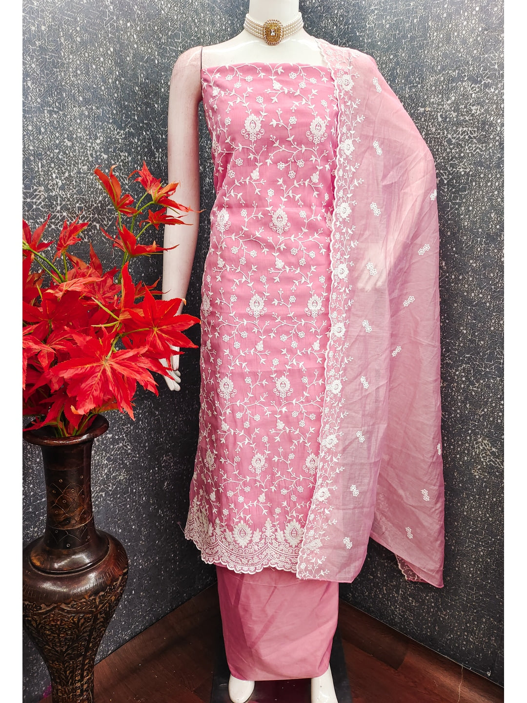 Peachmode Pink Chanderi Dress Material with Floral Embroidery - Image 2
