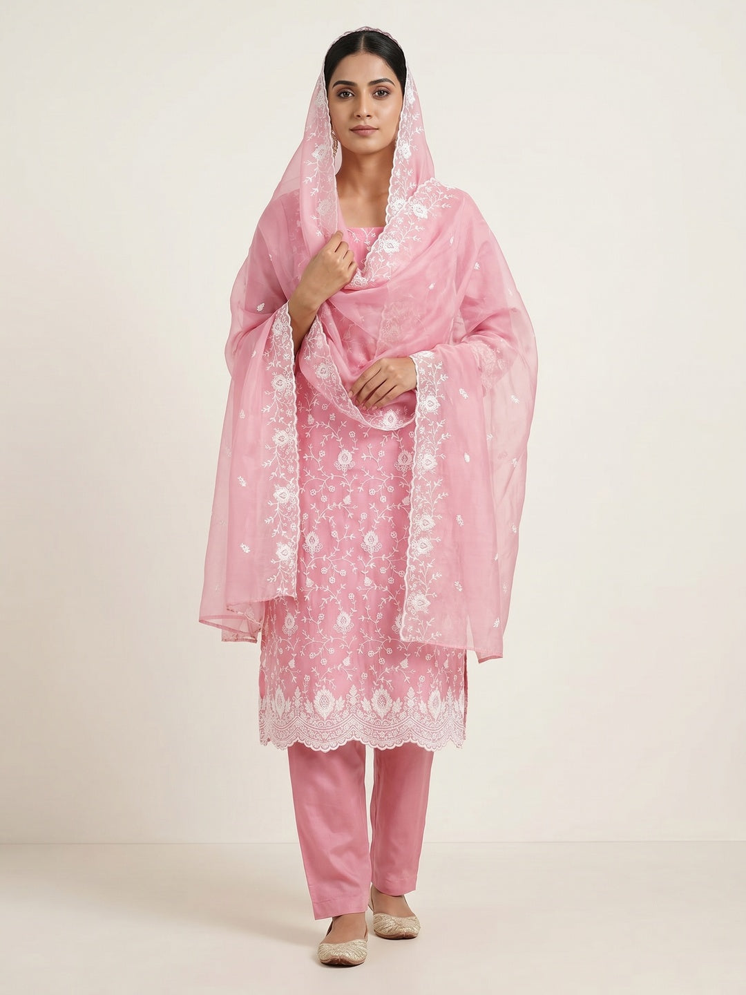 Peachmode Pink Chanderi Dress Material with Floral Embroidery - Image 1