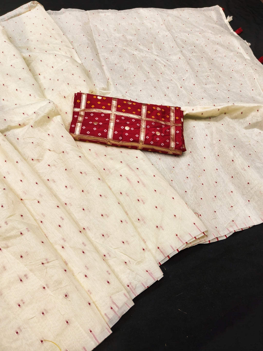 Peachmode Cream Chanderi Silk Saree with Red Blouse - Image 2