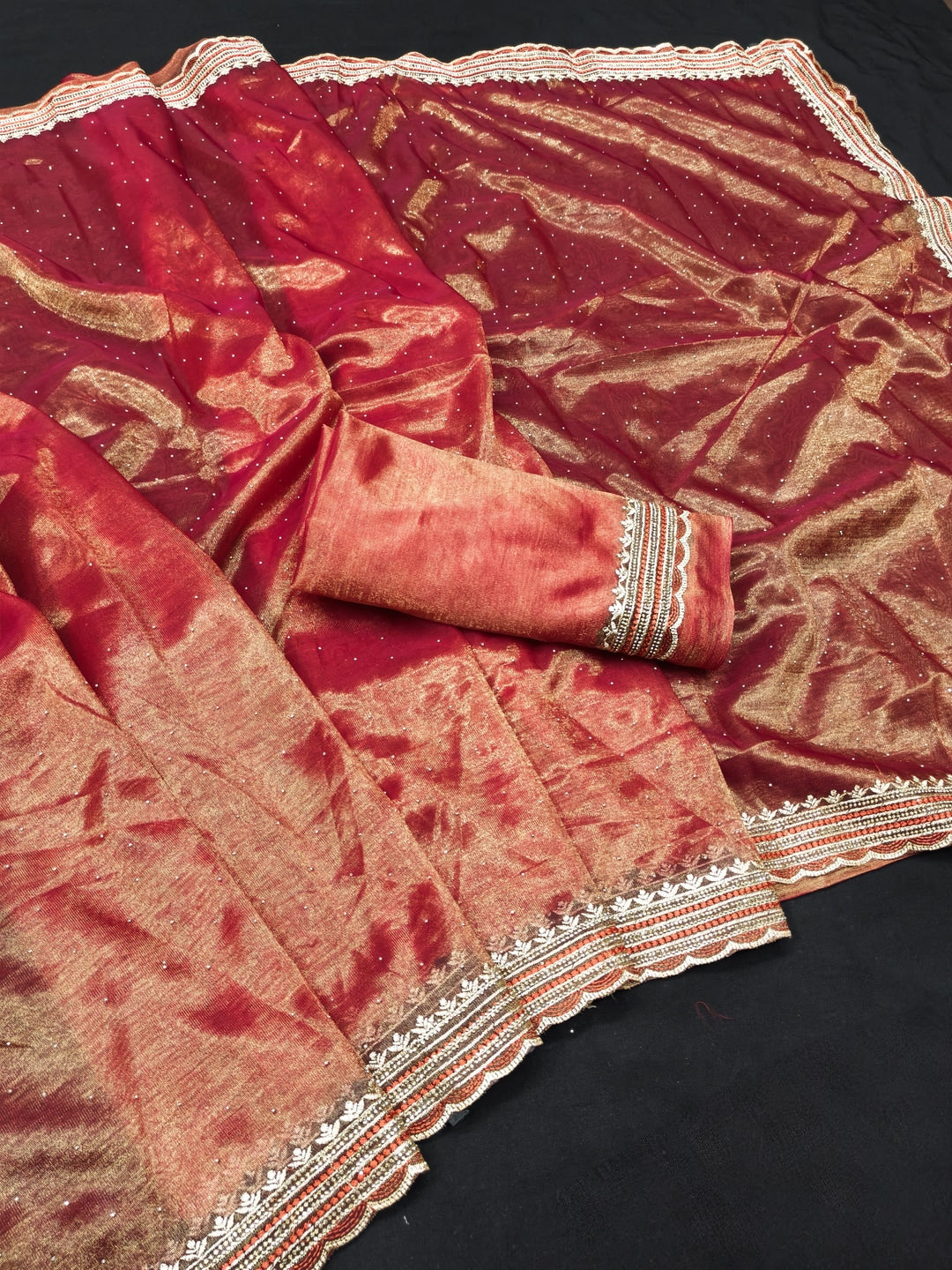 Peachmode Red Net Saree with Embroidered Border - Image 2