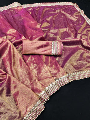 Peachmode Magenta Net Saree with Embroidered Border - Image 2