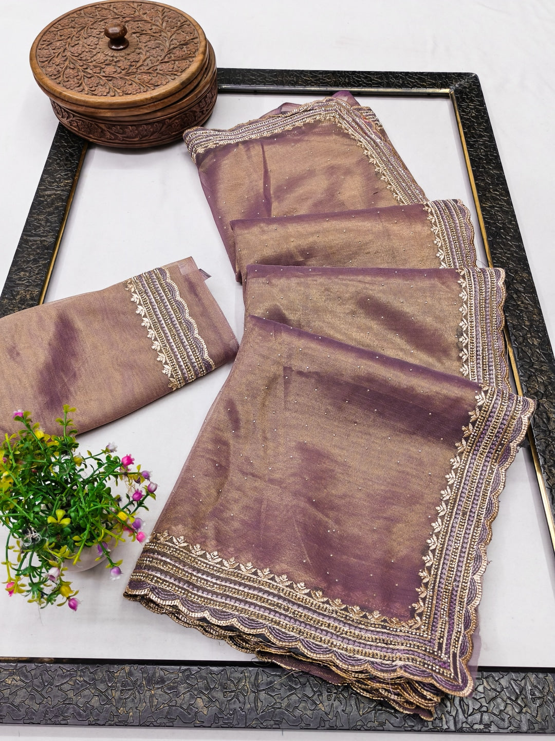 Peachmode Taupe Net Saree with Embroidered Border - Image 3