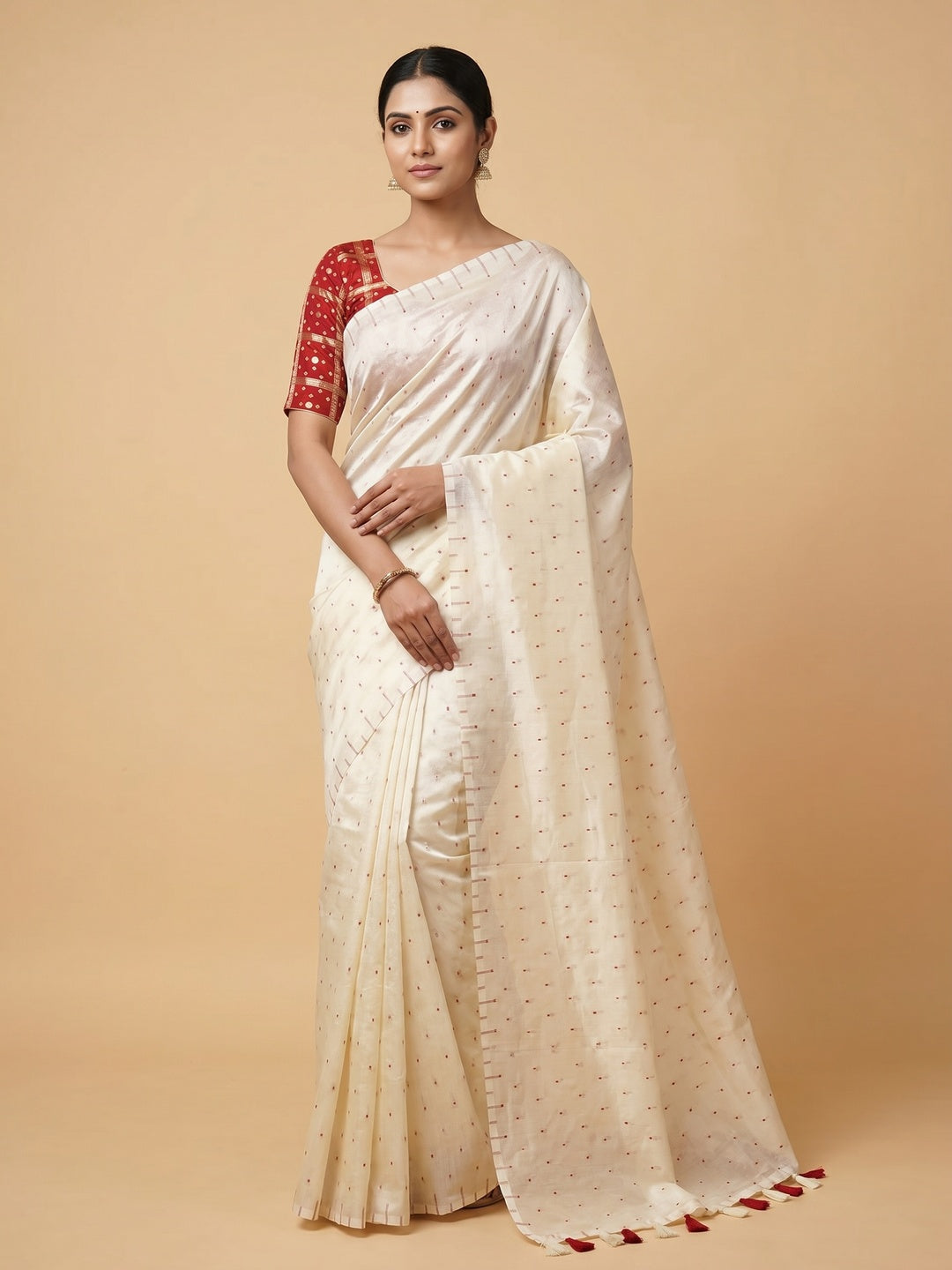 Peachmode Cream Chanderi Silk Saree with Red Blouse - Image 1