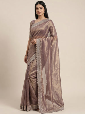 Peachmode Taupe Net Saree with Embroidered Border - Image 1