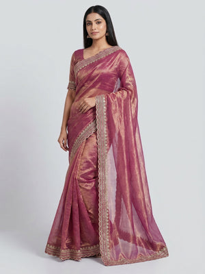 Peachmode Magenta Net Saree with Embroidered Border - Image 1