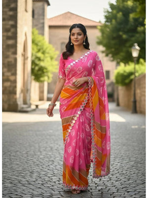 Peachmode Pink Georgette Saree with Mirror Work - Image 1