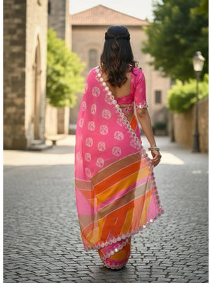 Peachmode Pink Georgette Saree with Mirror Work - Image 2
