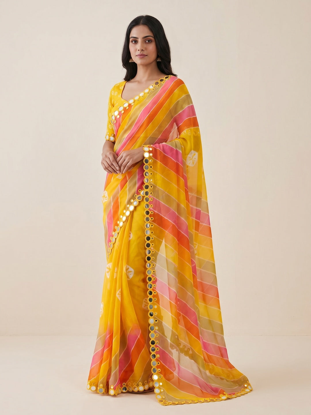 Peachmode Yellow Georgette Saree with Mirror Work - Image 1