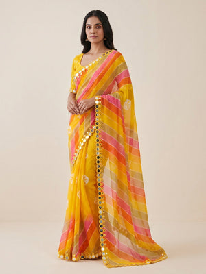 Peachmode Yellow Georgette Saree with Mirror Work - Image 1