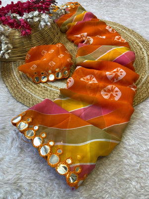 Peachmode Orange Georgette Saree with Mirror Work - Image 2