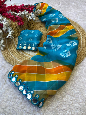 Peachmode Blue Georgette Saree with Mirror Work - Image 2