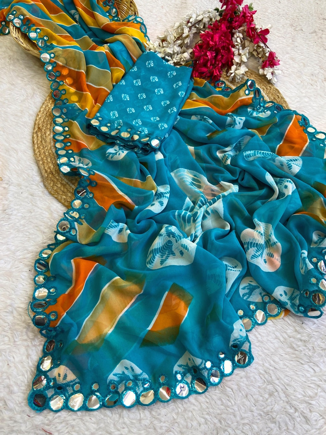 Peachmode Blue Georgette Saree with Mirror Work - Image 3