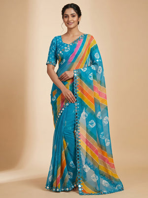 Peachmode Blue Georgette Saree with Mirror Work - Image 1
