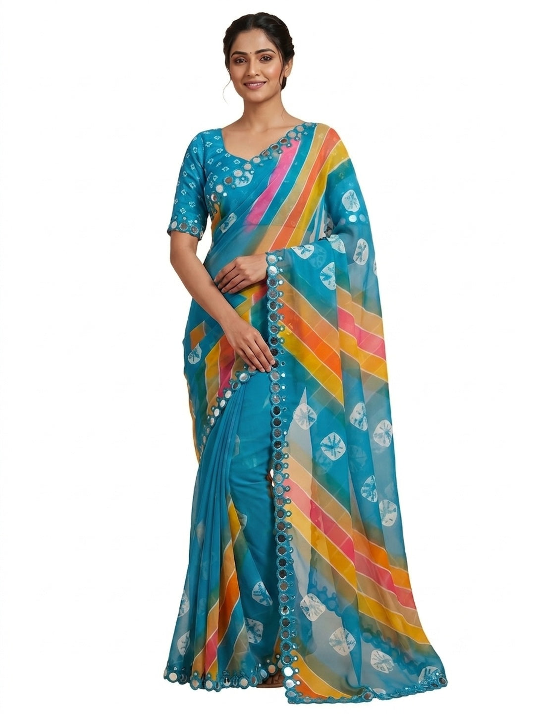 Peachmode Blue Georgette Saree with Mirror Work - Image 4
