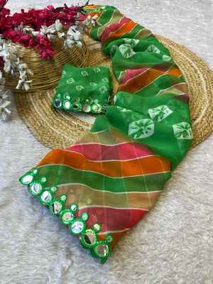 Peachmode Green Georgette Saree with Mirror Work - Image 2