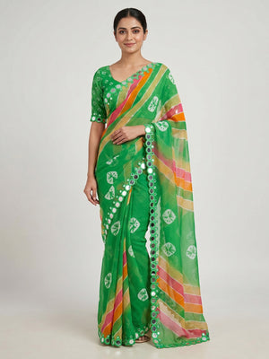 Peachmode Green Georgette Saree with Mirror Work - Image 1