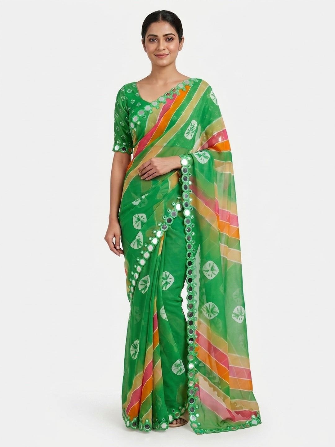 Peachmode Green Georgette Saree with Mirror Work - Image 4