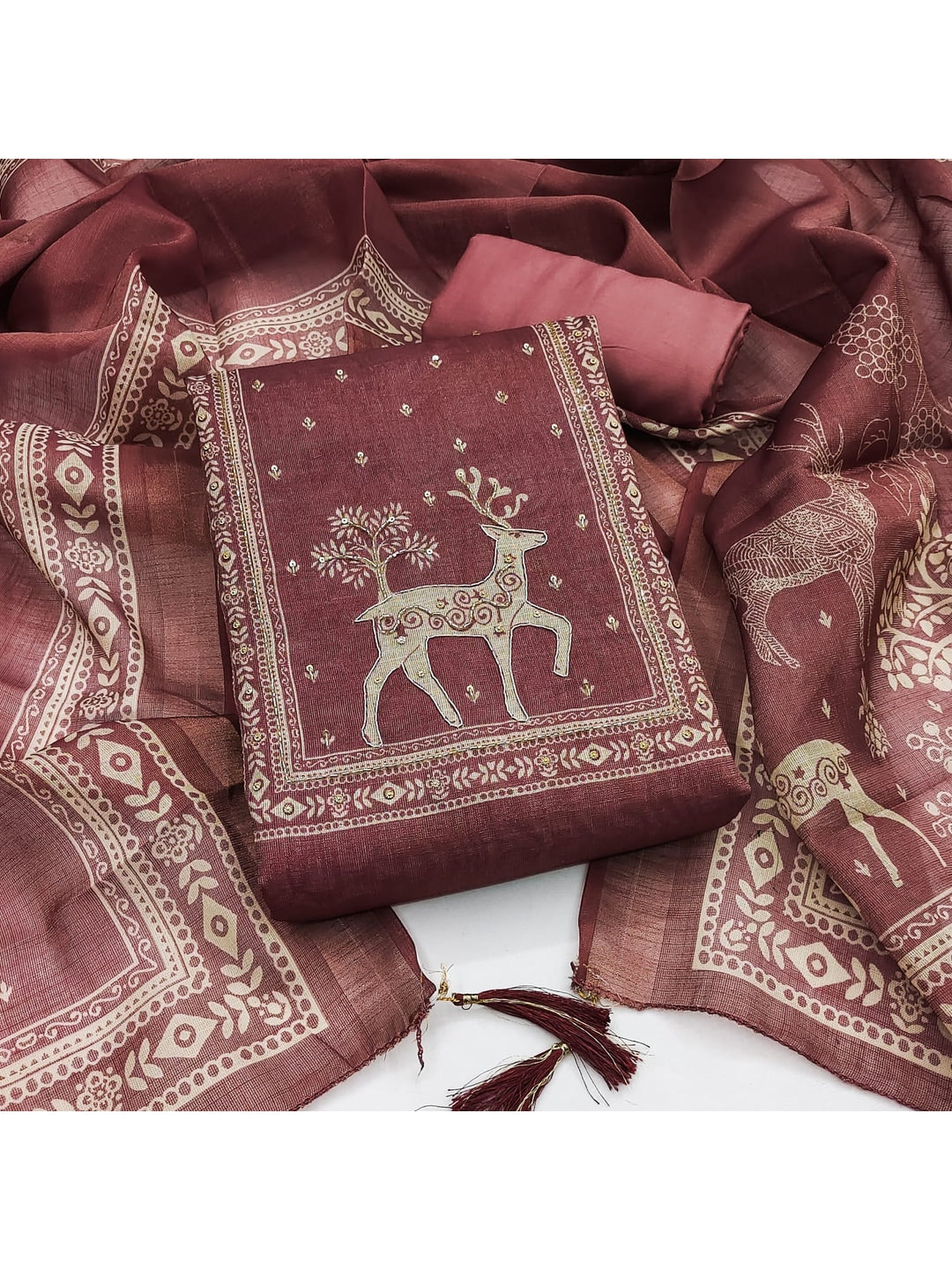 Peachmode Maroon Linen Salwar Suit Set with Ethnic Motifs - Image 4