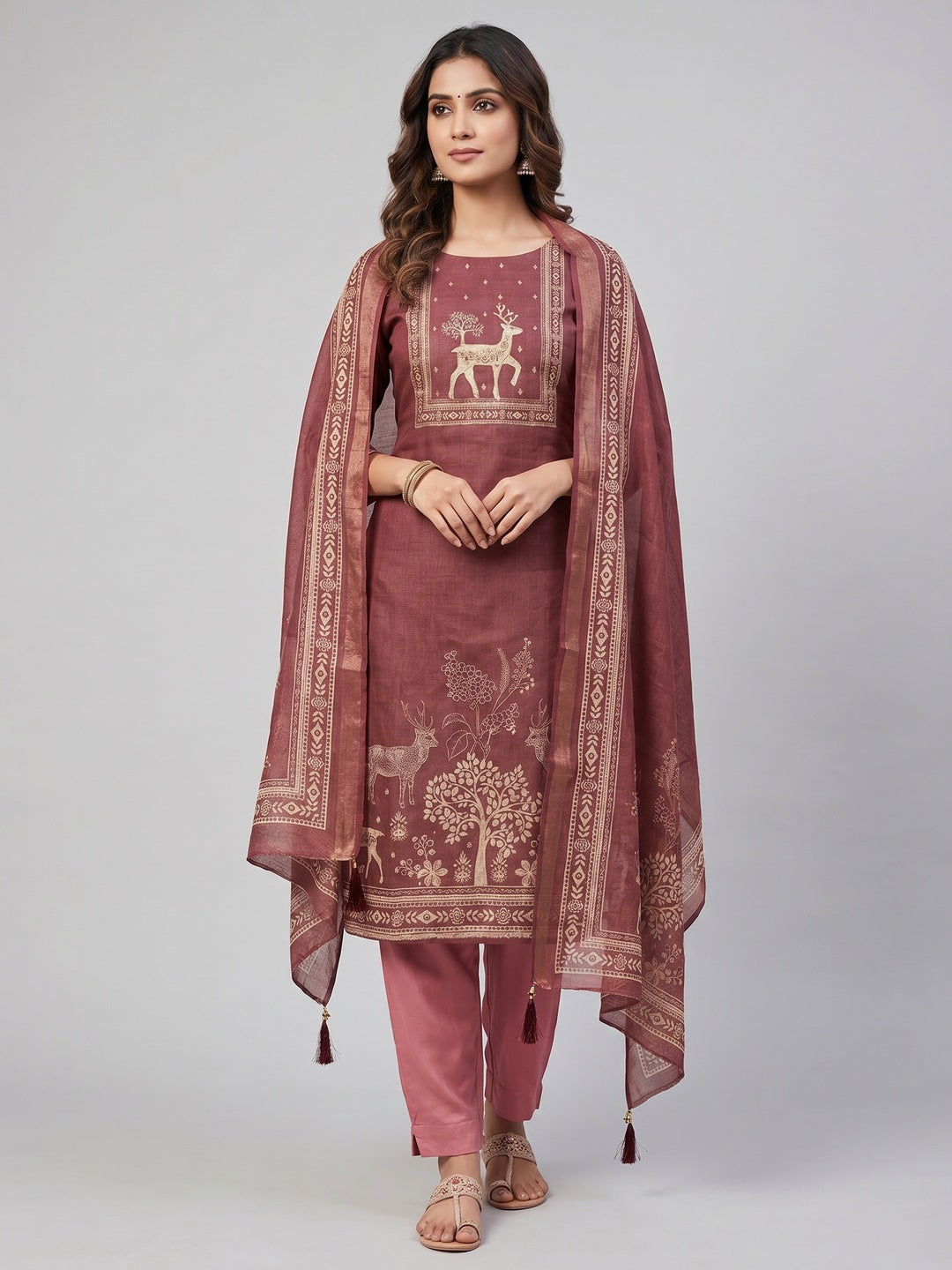 Peachmode Maroon Linen Salwar Suit Set with Ethnic Motifs - Image 1