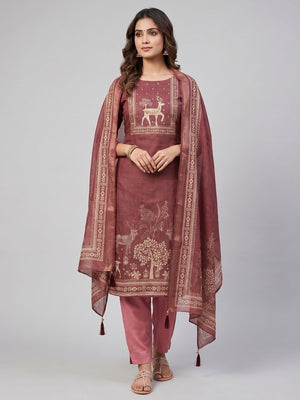 Peachmode Maroon Linen Salwar Suit Set with Ethnic Motifs - Image 1