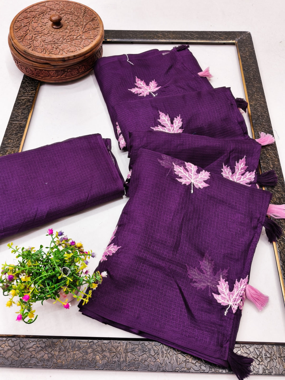 Peachmode Purple Kota Doria Embroidered Saree - Image 3