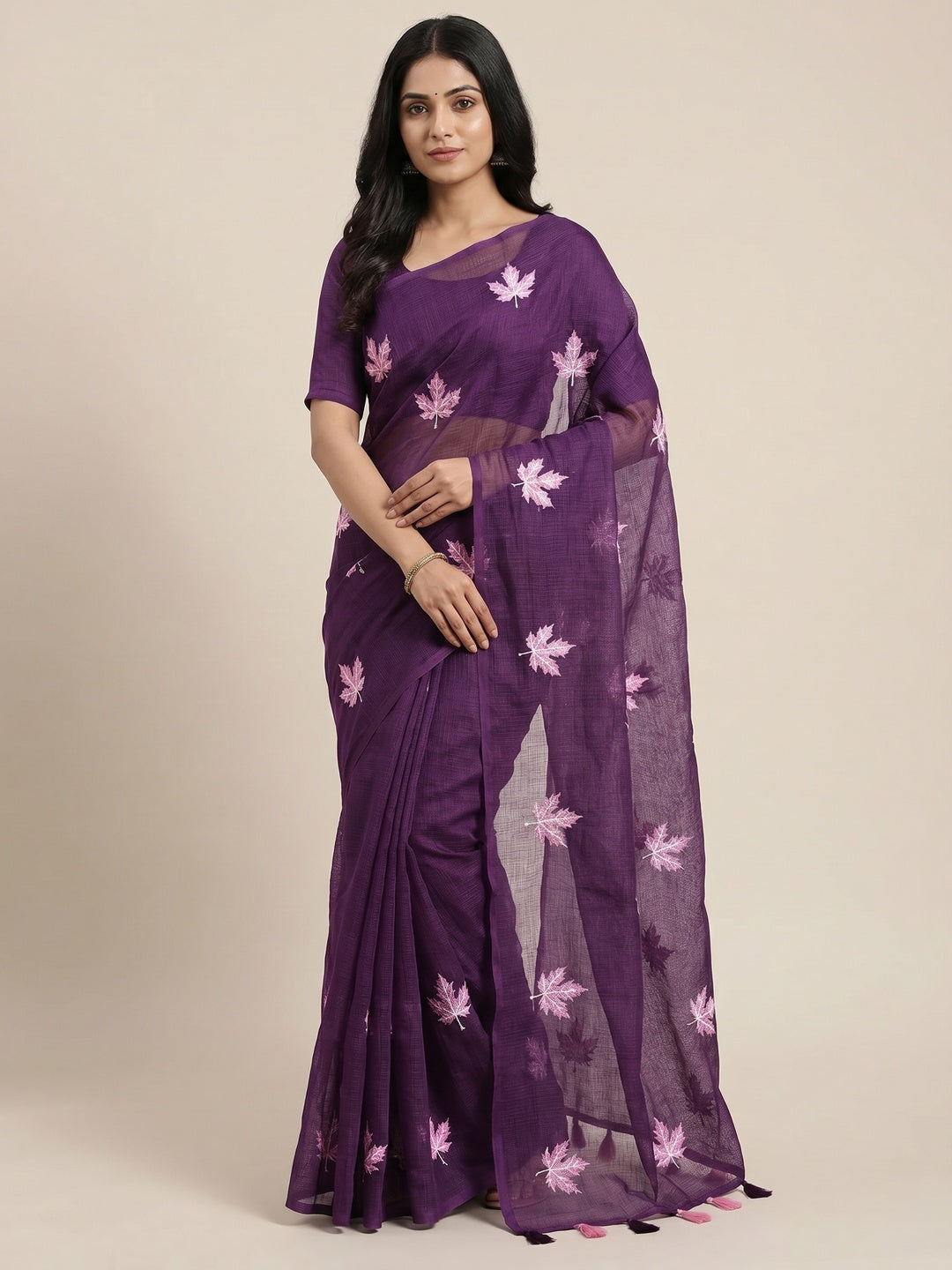 Peachmode Purple Kota Doria Embroidered Saree - Image 1