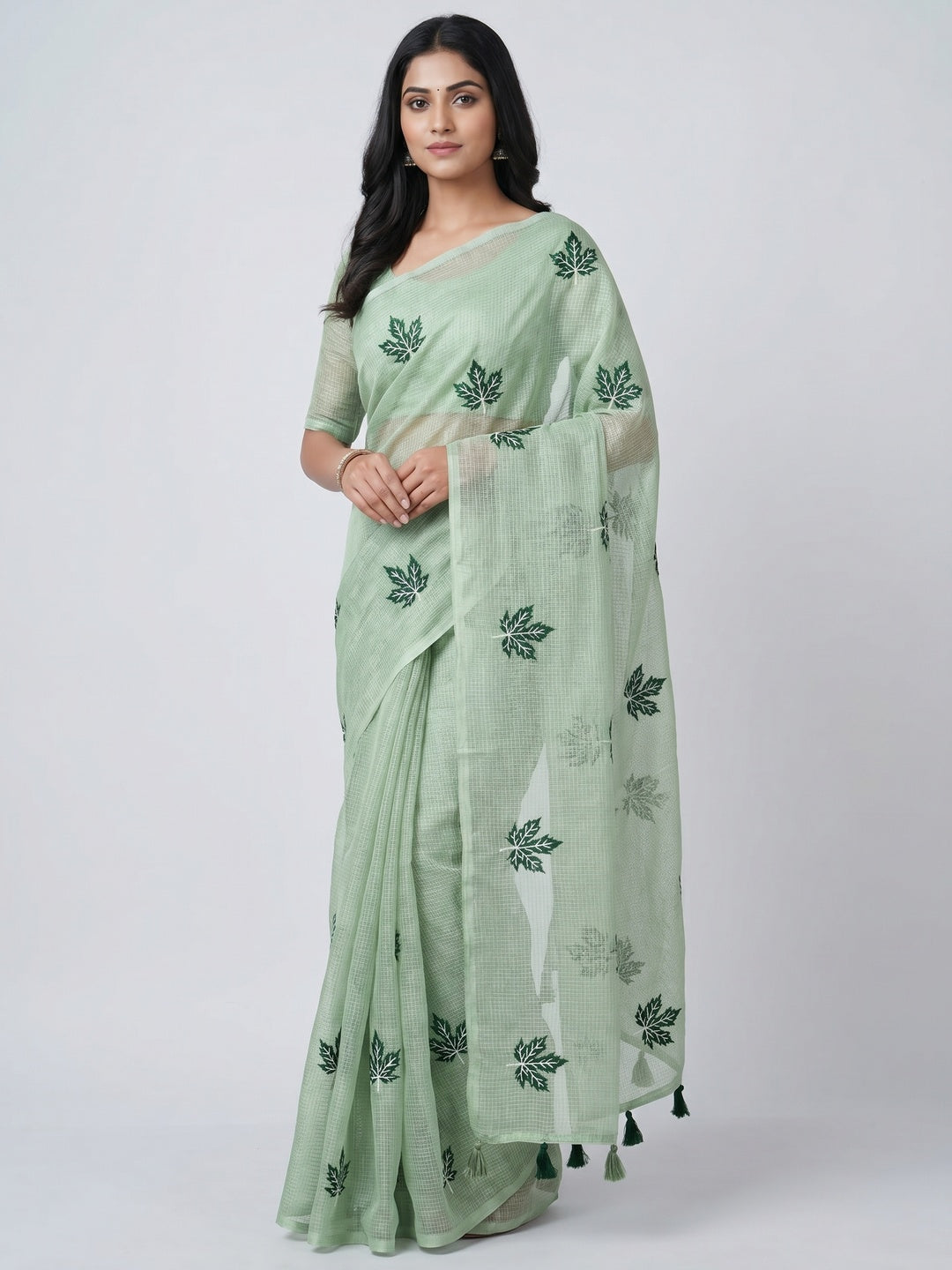 Peachmode Pista Kota Doria Embroidered Saree - Image 1