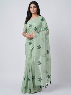 Peachmode Pista Kota Doria Embroidered Saree - Image 1