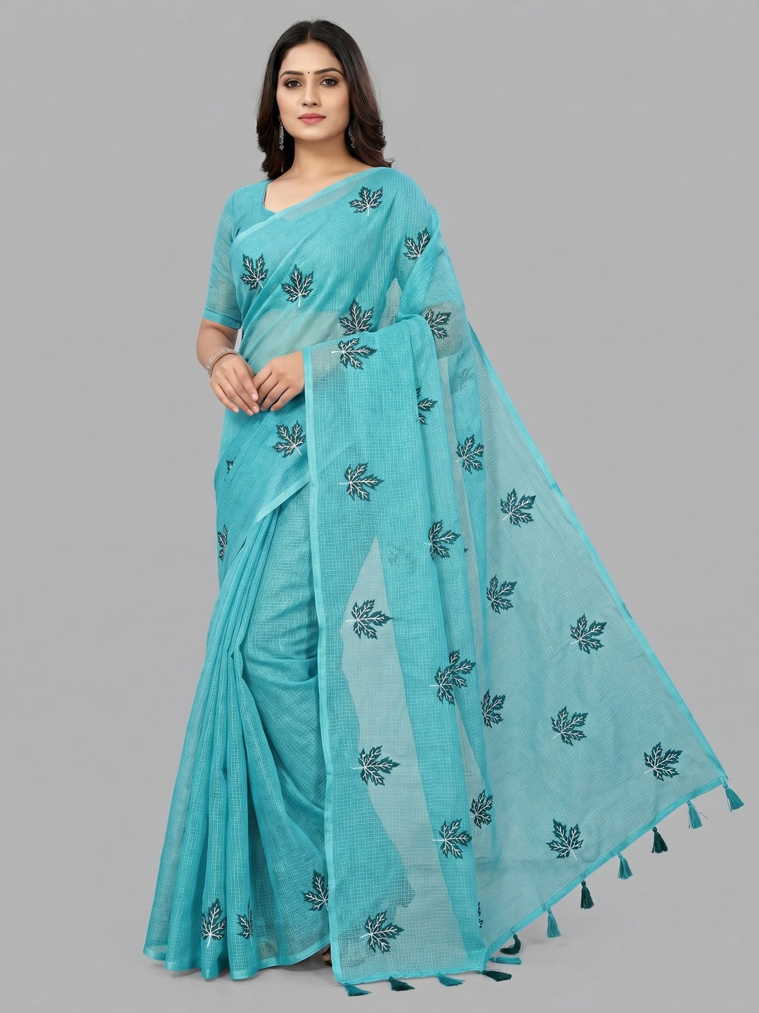 Peachmode Aqua Kota Doria Embroidered Saree - Image 1