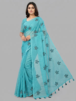 Peachmode Aqua Kota Doria Embroidered Saree - Image 1