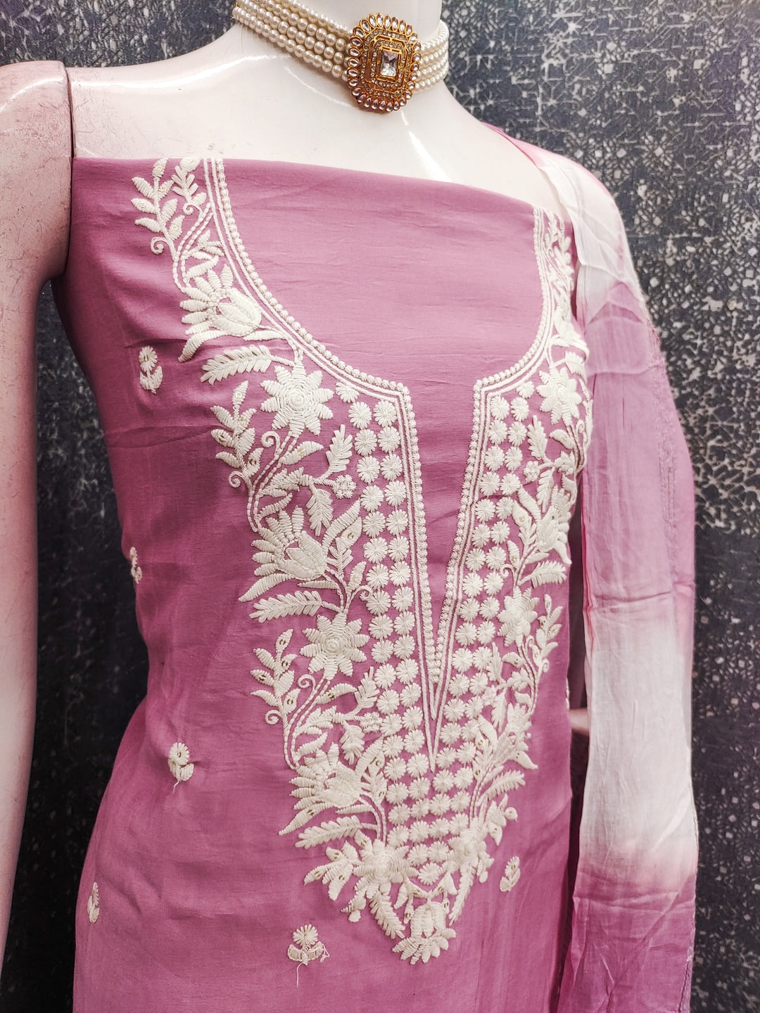 Peachmode Pink Cotton Dress Material with Floral Embroidery - Image 3