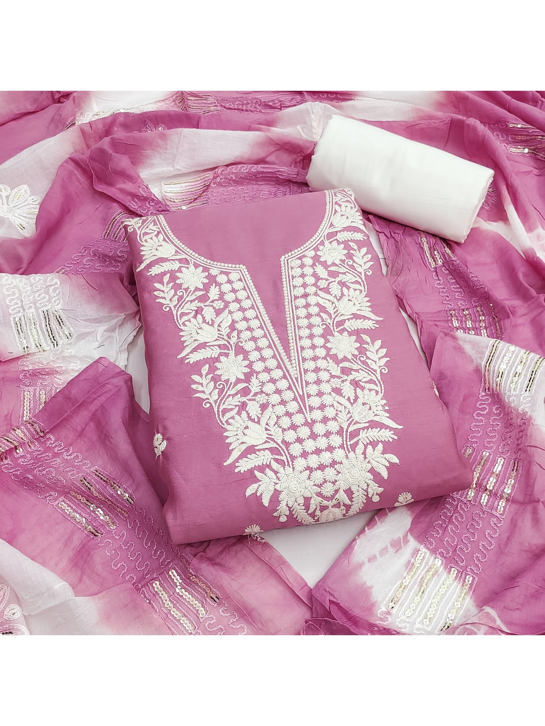 Peachmode Pink Cotton Dress Material with Floral Embroidery - Image 1