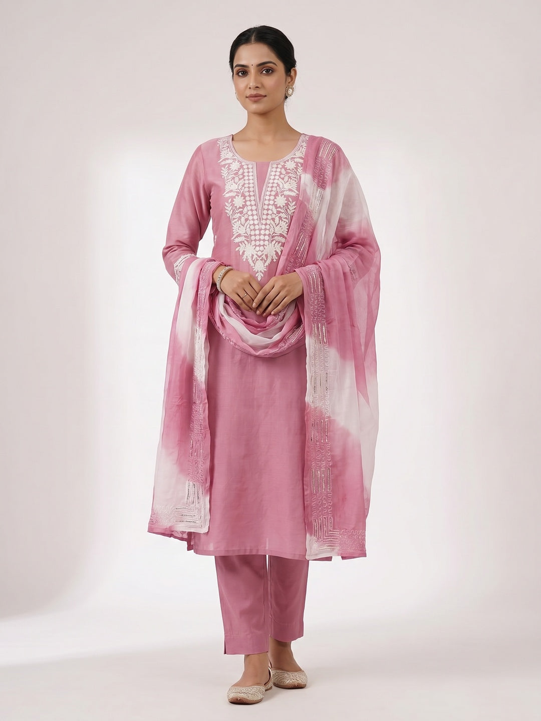 Peachmode Pink Cotton Dress Material with Floral Embroidery - Image 2