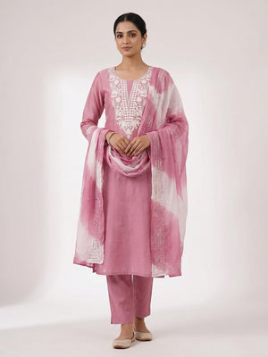 Peachmode Pink Cotton Dress Material with Floral Embroidery - Image 2