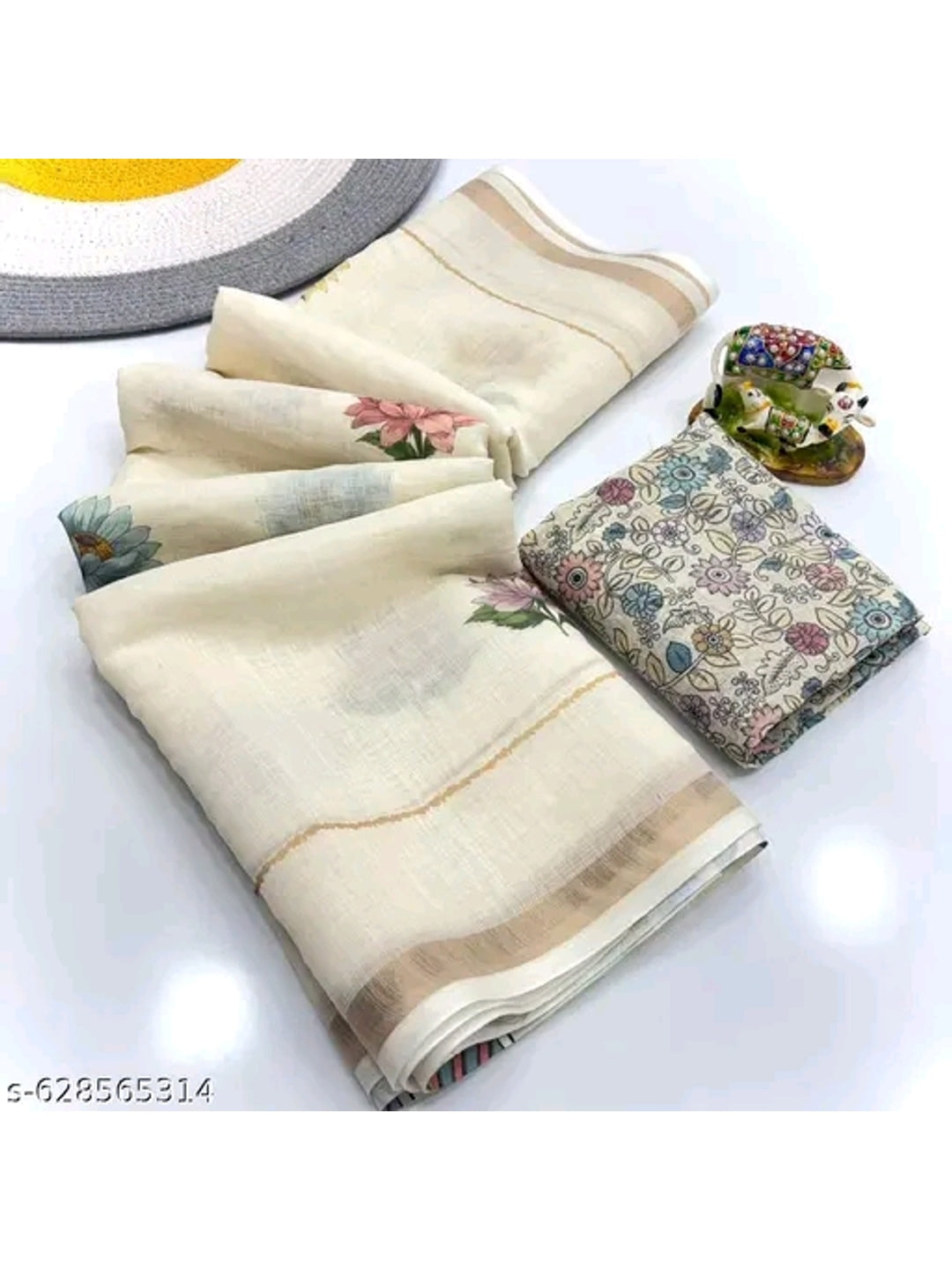 Peachmode Cream Linen Printed Saree with Floral Border - Image 2