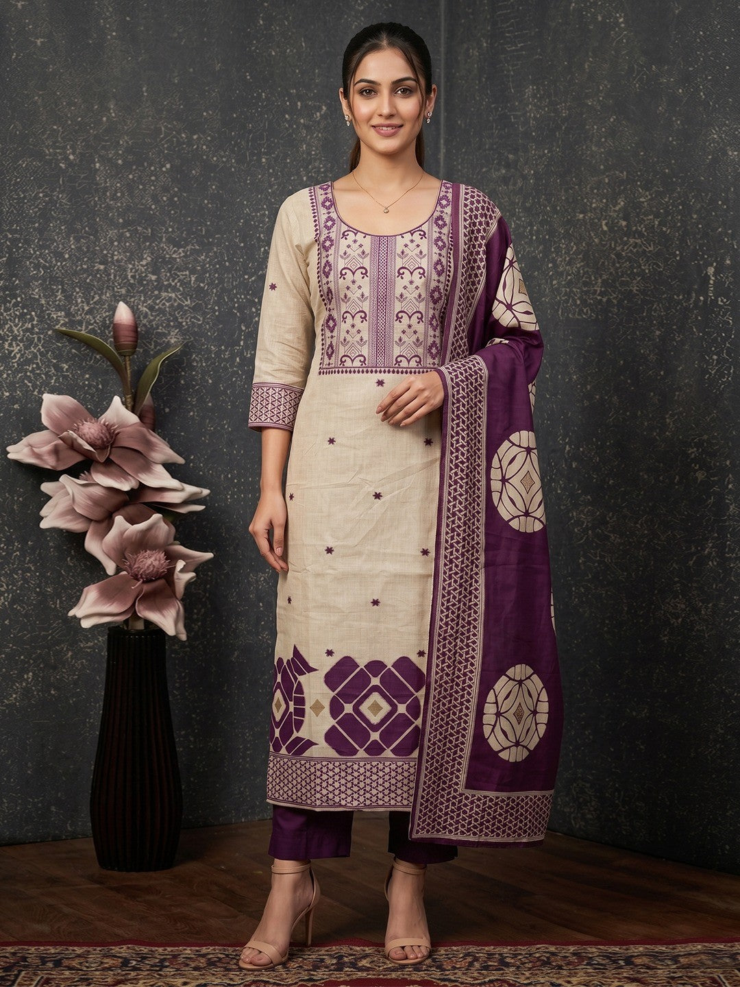 Peachmode Purple Cotton Dress Material with Geometric - Image 1