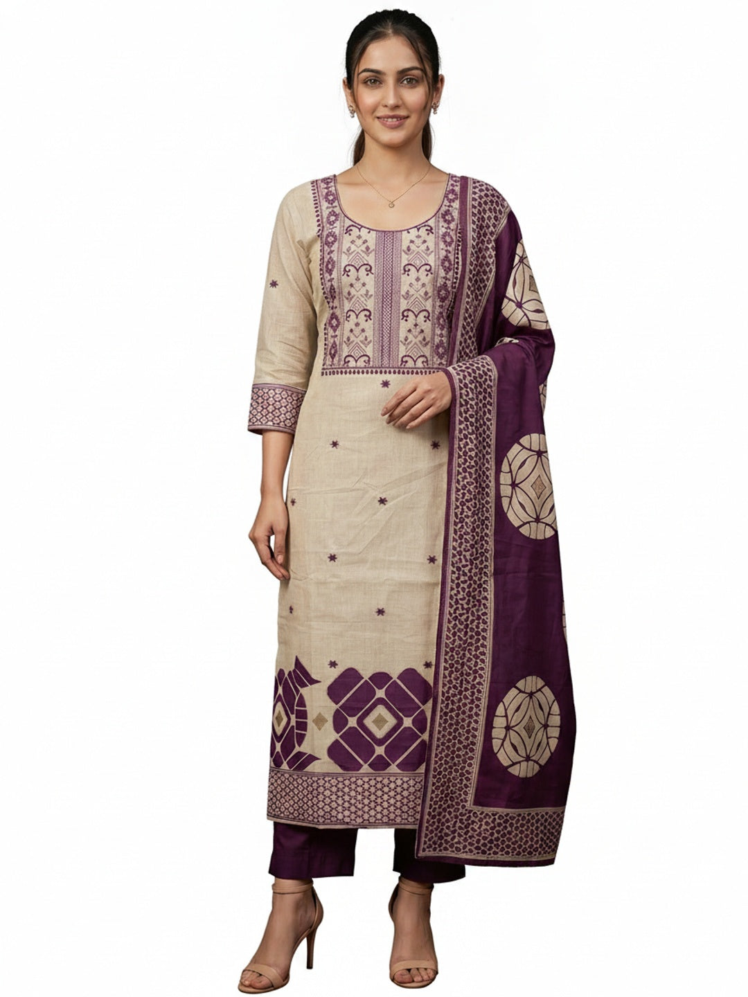 Peachmode Purple Cotton Dress Material with Geometric - Image 5
