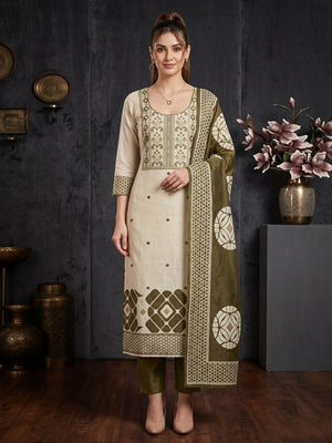 Peachmode Green Cotton Dress Material with Geometric - Image 1