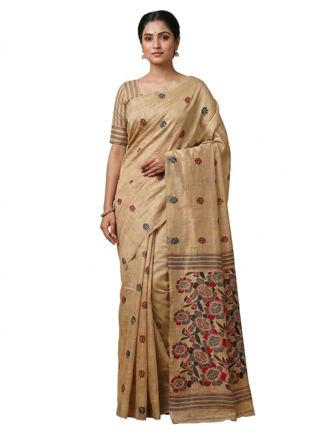 Peachmode Beige Jamdani Cotton Saree - Image 4
