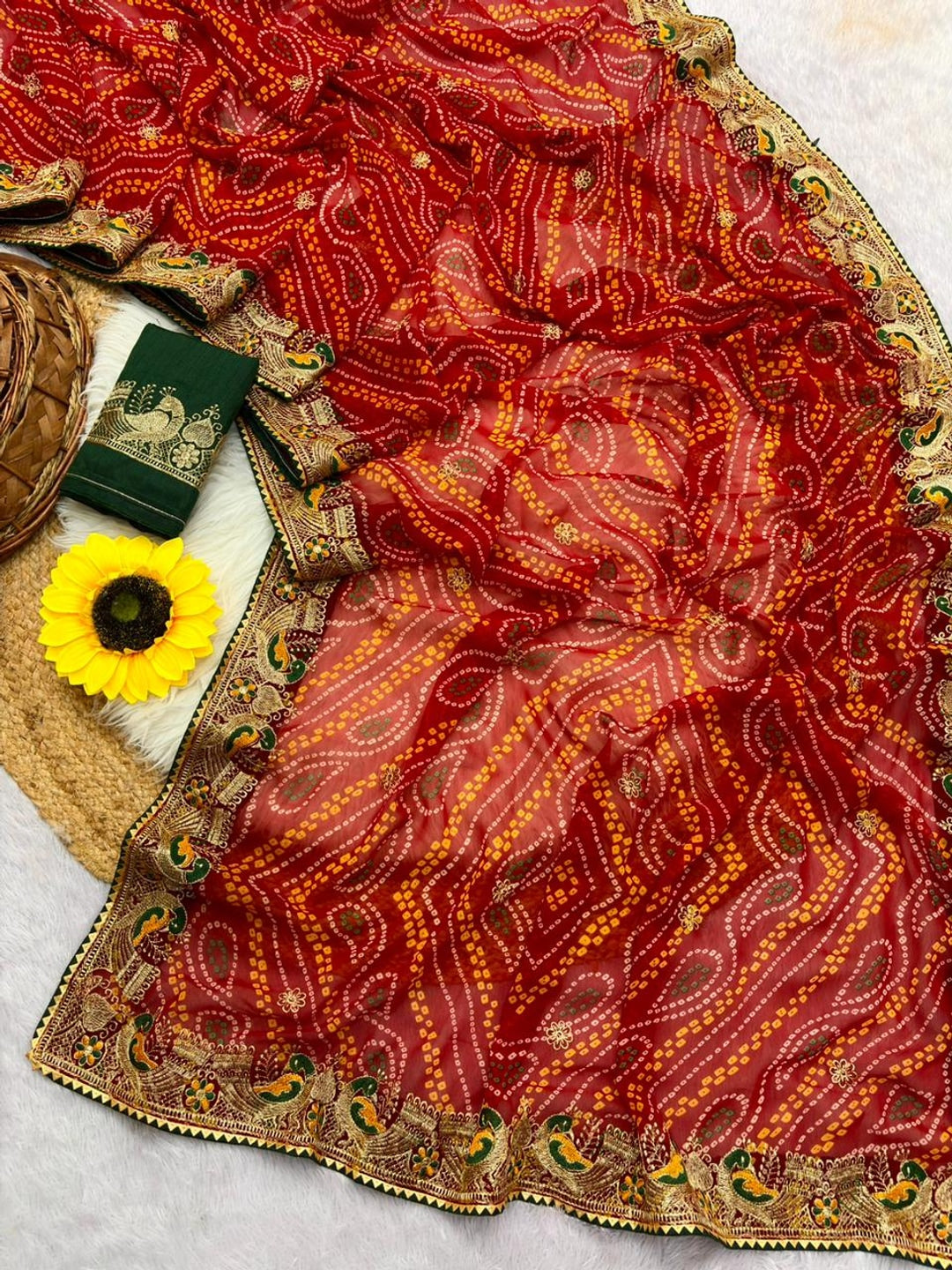 Peachmode Red Georgette Bandhani Saree with Embroidered Border - Image 2