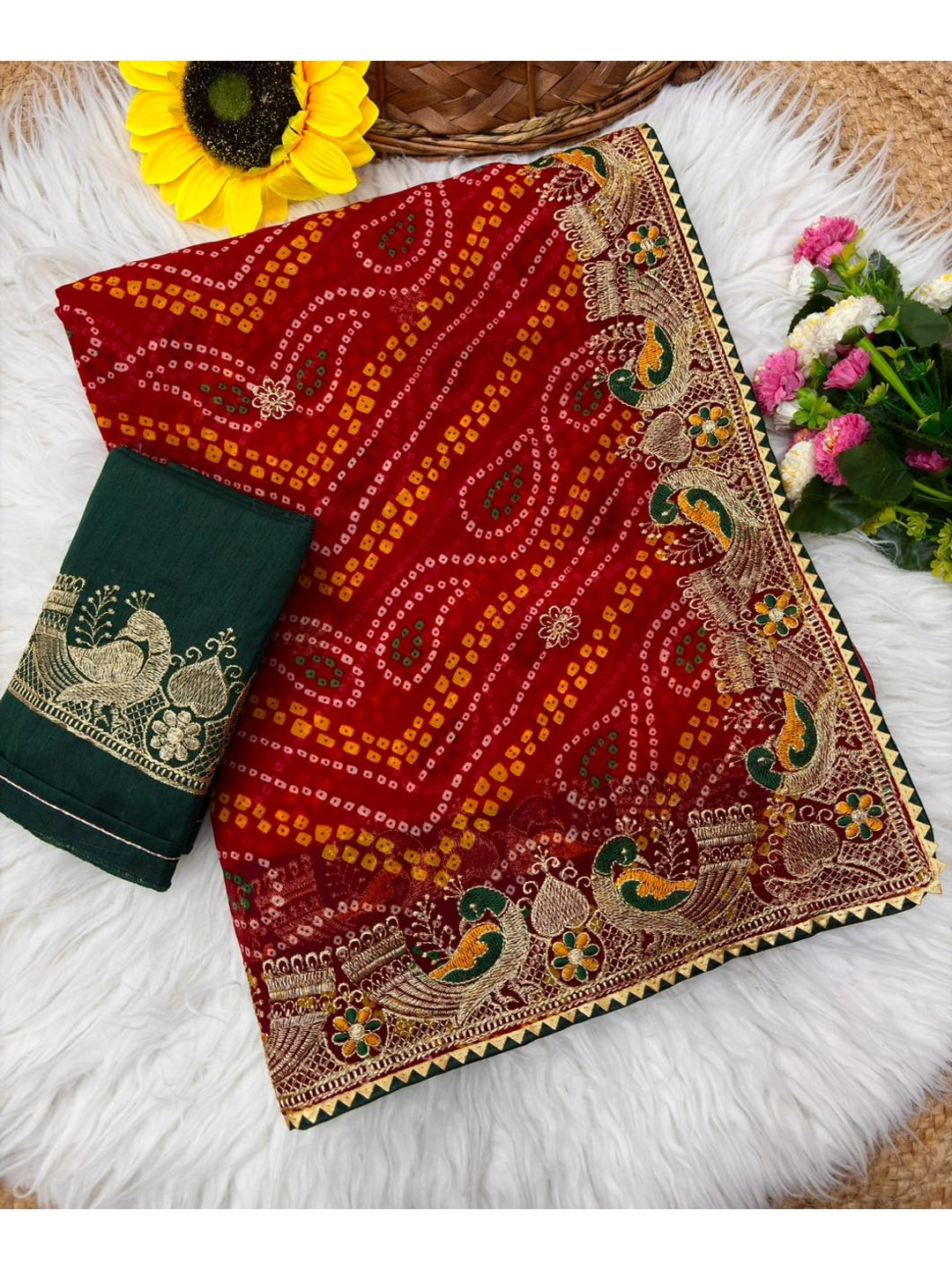 Peachmode Red Georgette Bandhani Saree with Embroidered Border - Image 4